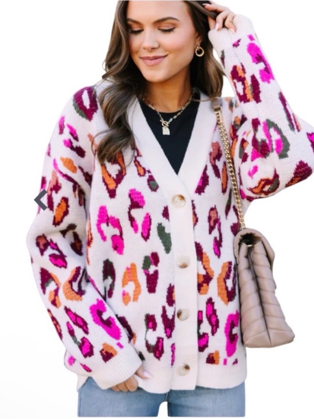 entro Cream Cardigan with Pink and Brown Leopard Spots